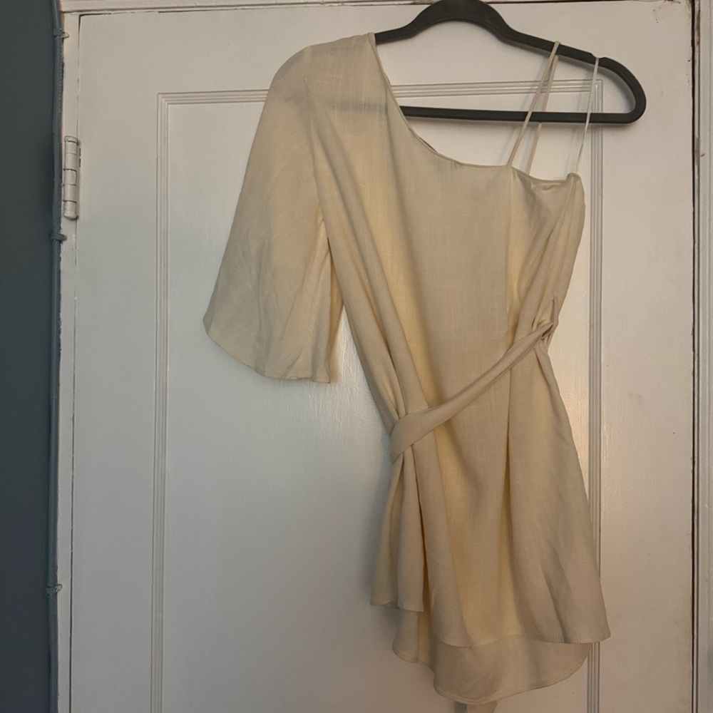 Zara Cream One Shoulder Textured Fabric Top w Tie NWOT